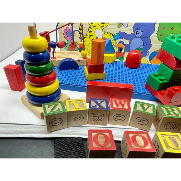 Toy Chest Wooden Alphabet Lego Top + 57 Misc. Pieces 14x7x8  .01:S1418 - Picture 8 of 12